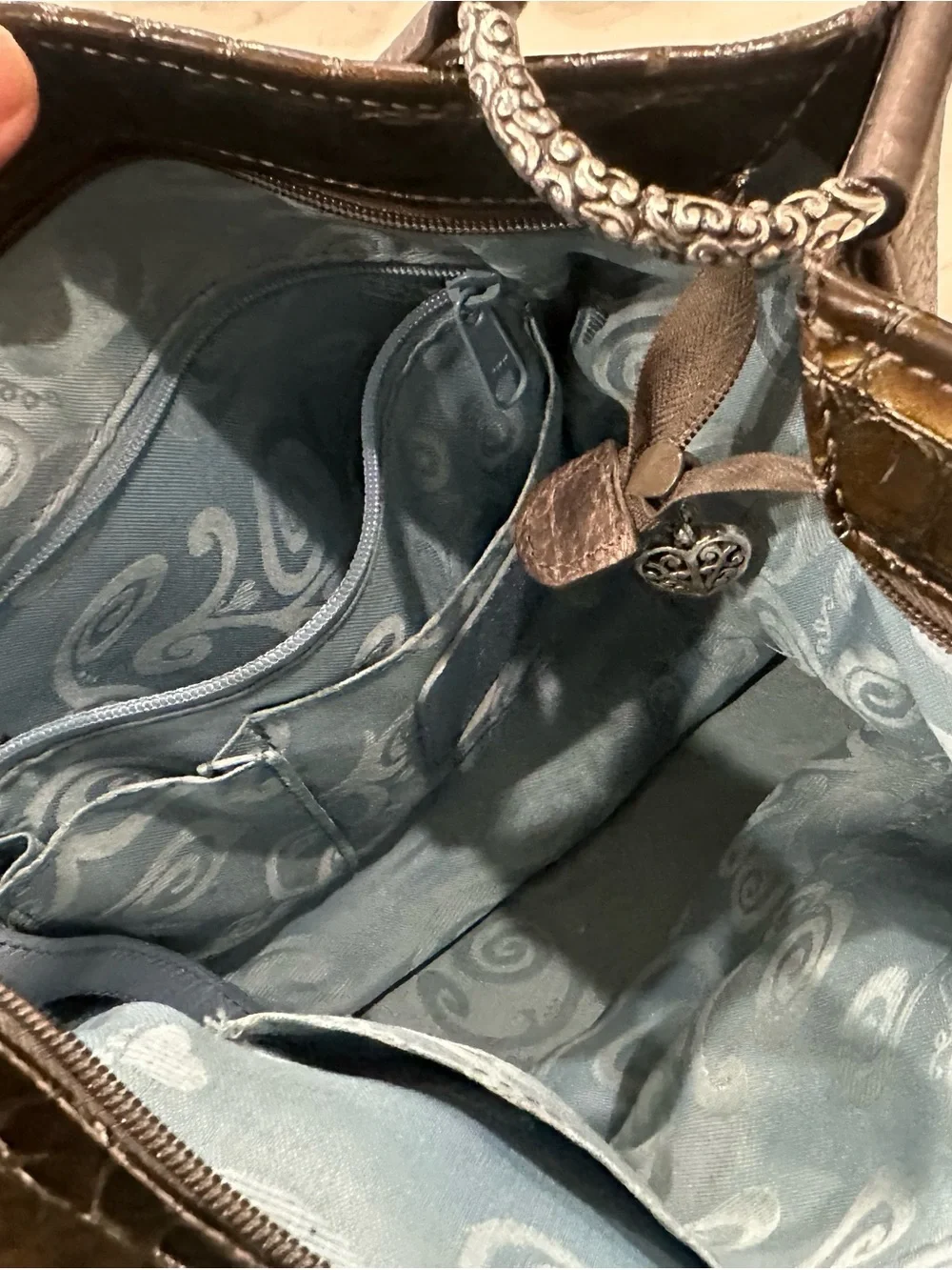 Brighton Shiny Croc-Embossed Hobo in Dark Olive Brown